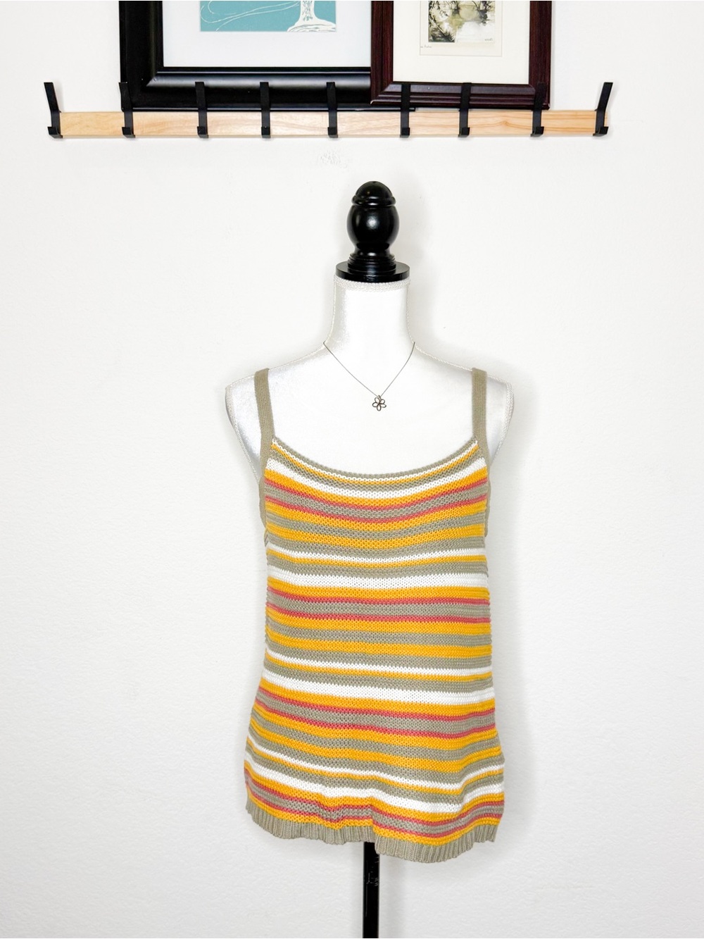 Pink Rose Striped Knit Tank Top Crochet Sleeveless Cami Boho Women’s Medium